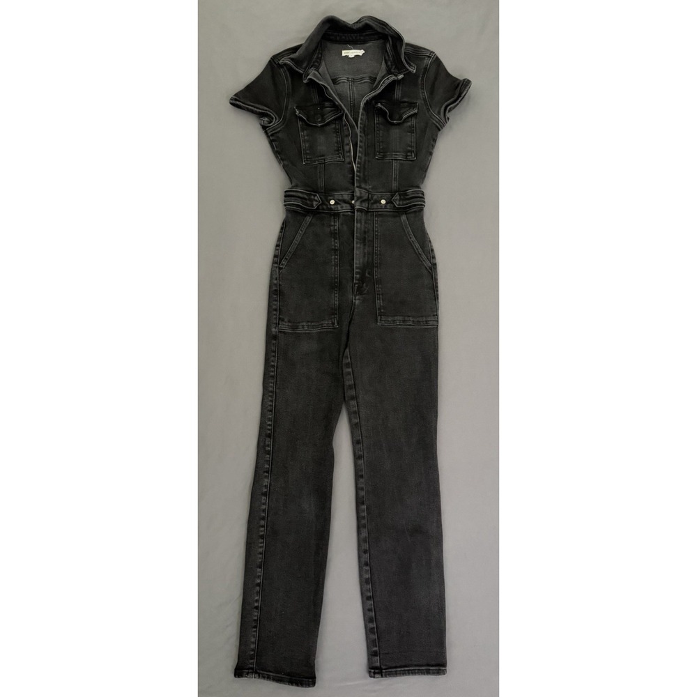 Good American Jumpsuit Womens Size 1 Black Denim Fit For Success Stretch Zip Up